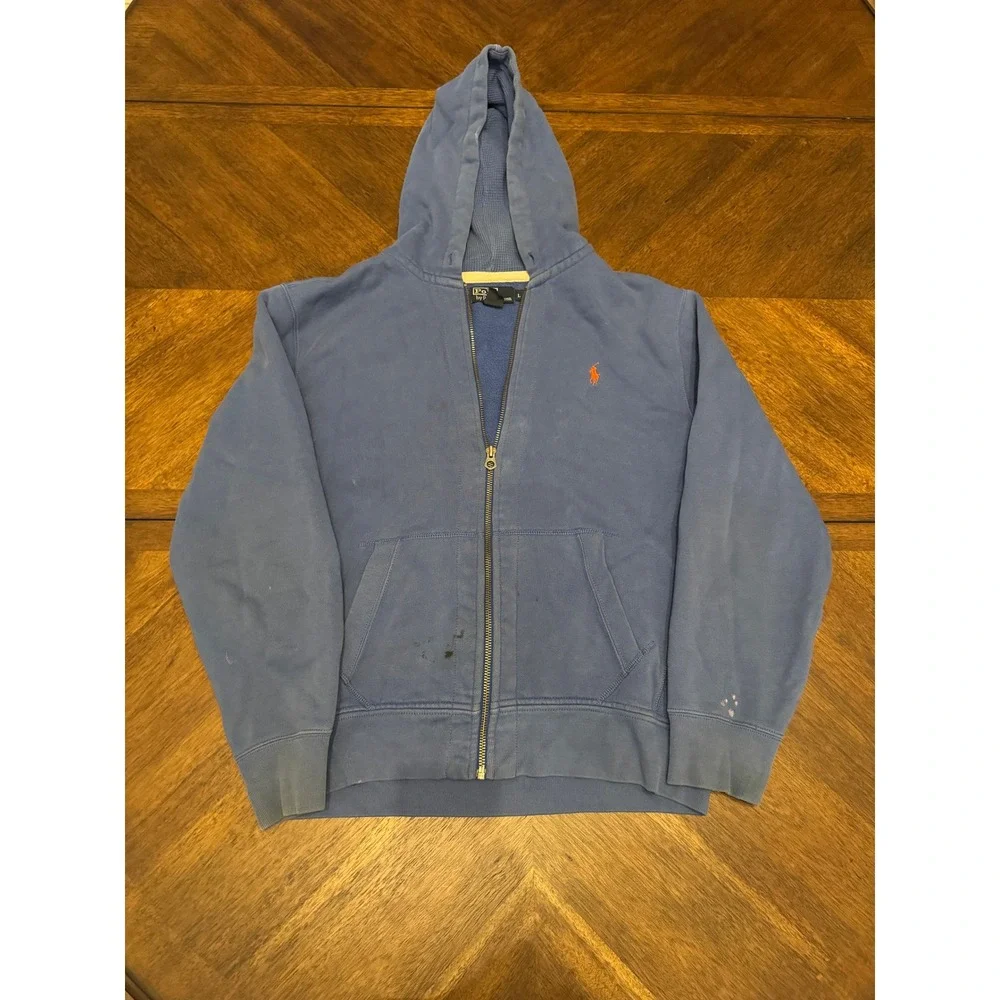Polo Ralph Lauren Mens Blue Full Zip Hoodie Orange Pony Logo‎ Distressed Large
